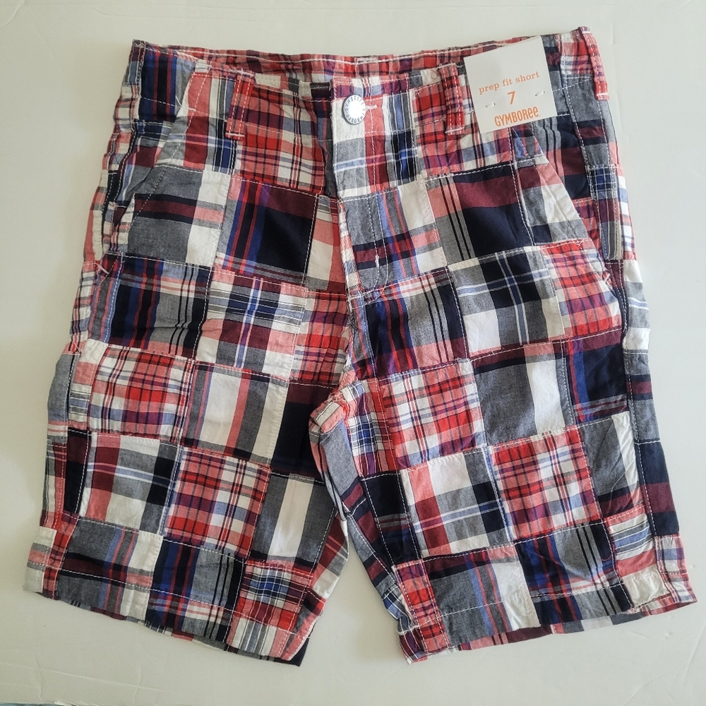 NWT Gymboree Prep Fit Shorts Boys 7 Patchwork Plaid Red White Blue Patriotic New